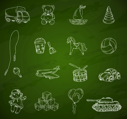 Vintage kids toys sketch icons set on green chalkboard background isolated vector illustration.