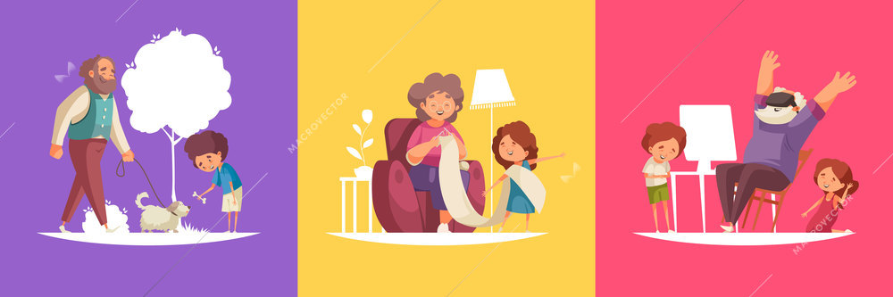 Grandma and grandpa design set with knitting and walking symbols flat isolated vector illustration