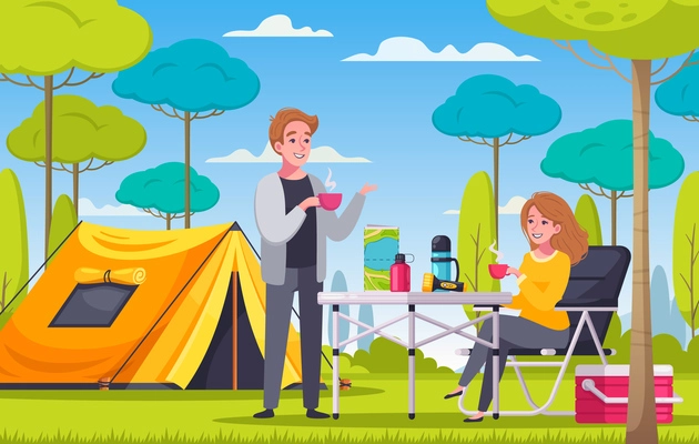 Cartoon composition with man and woman having picnic next to tent on camping place vector illustration