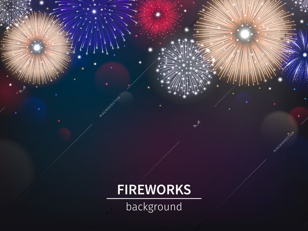 Beautiful fireworks of different colors on dark background realistic vector illustration