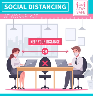 Cartoon infographics with people keeping social distancing at work place in office vector illustration