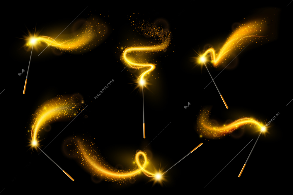 Magic wands with gold glare and sparkle realistic set on black background abstract vector illustration