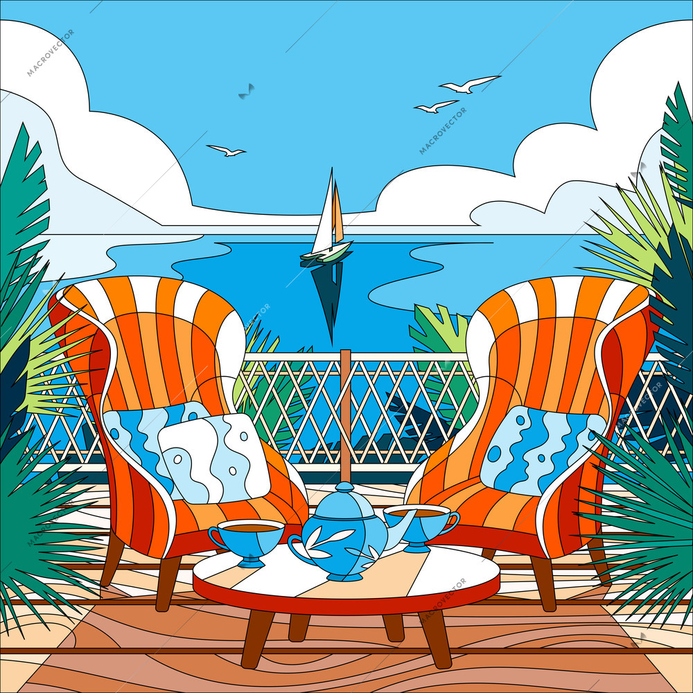 Cartoon coloring composition with two two armchairs on balcony overlooking the sea or ocean vector illustration