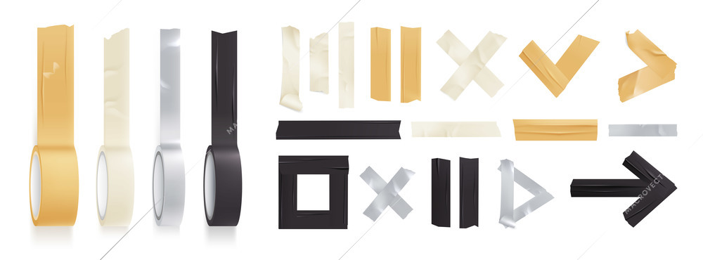 Sticky adhesive tape rolls realistic icon set with different shapes in rolls and torn pieces vector illustration