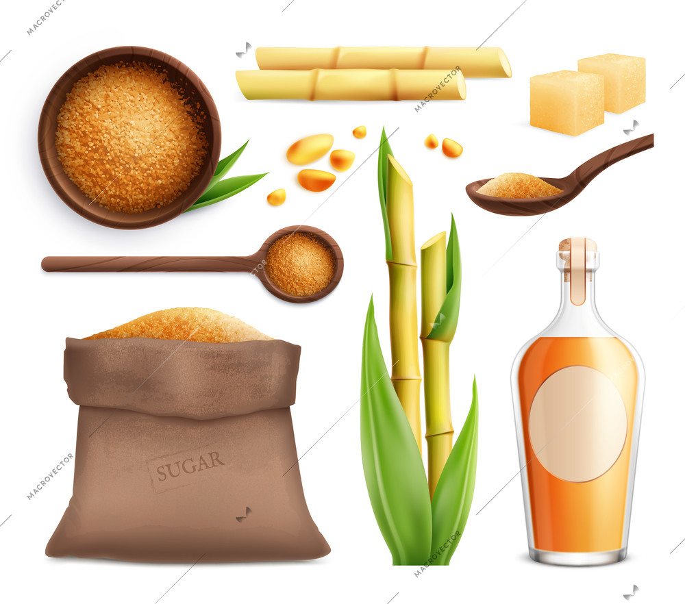 Cane sugar realistic icon set with different products made from sugar cane vector illustration
