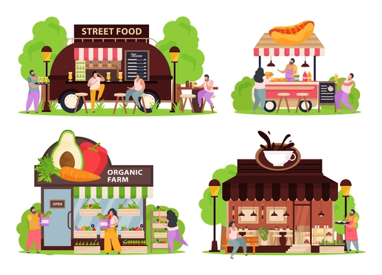 Small business concept icons set with street food symbols flat isolated vector illustration