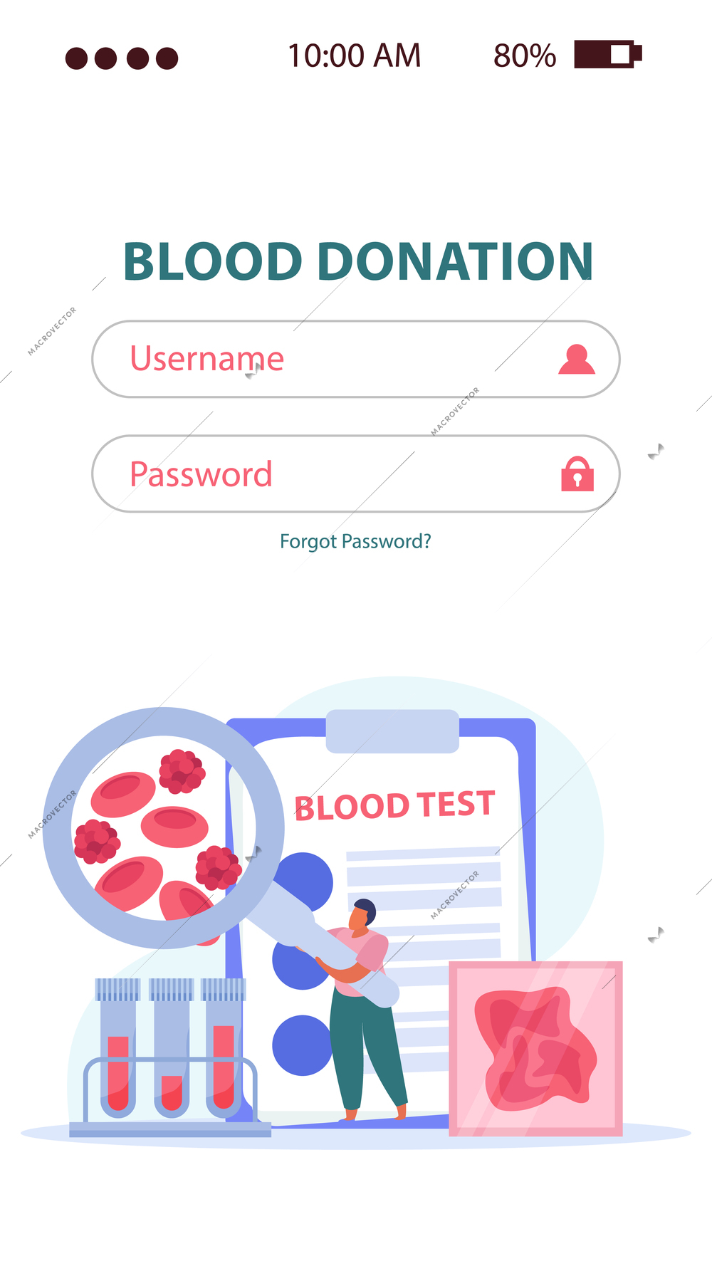 Blood donation composition with blood test symbols flat vector illustration