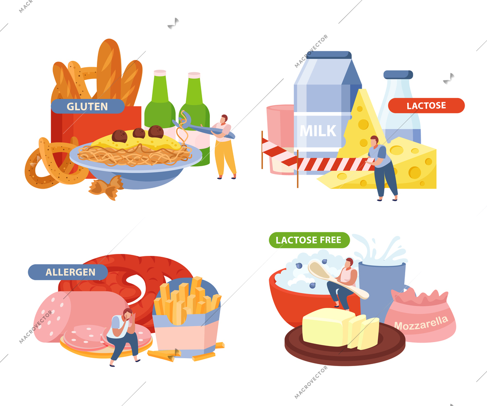 Lactose and gluten oncept icons set with allergen symbols flat isolated vector illustration