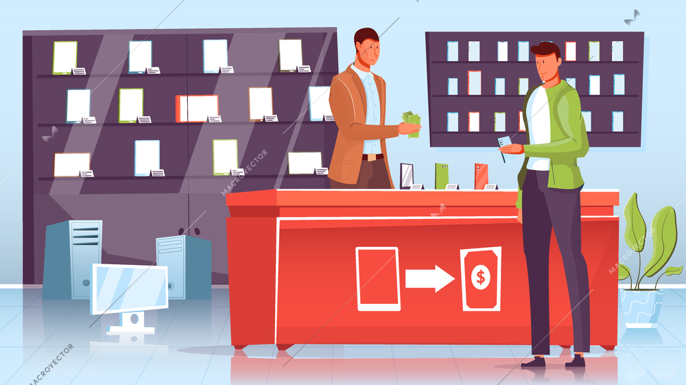 Man making purchase at gadget or pawnshop flat vector illustration