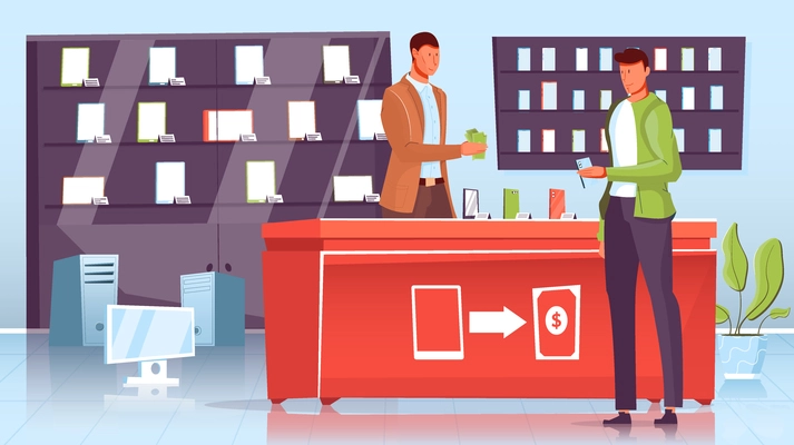 Man making purchase at gadget or pawnshop flat vector illustration