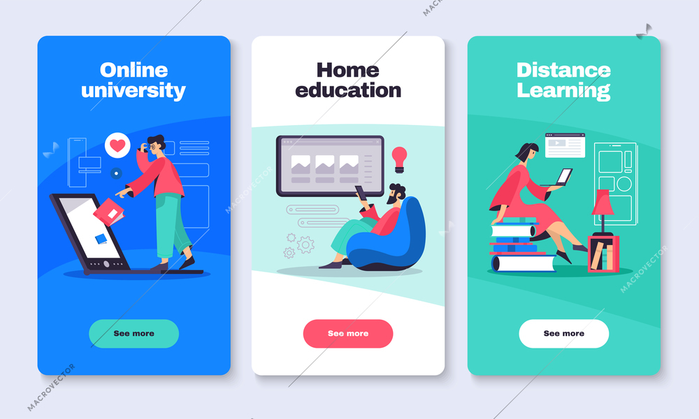 Online education 3 vertical web banners with distant e-learning university college courses info flat vector illustration