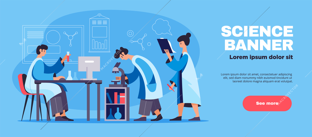Life sciences medical laboratory professionals flat horizontal web banner with scientific team analyzing tests results vector illustration