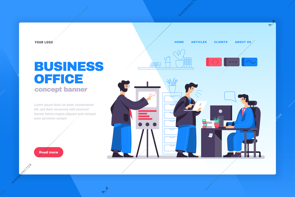 Business office concept web page banner with working on computers employees communication white board presentation vector illustration