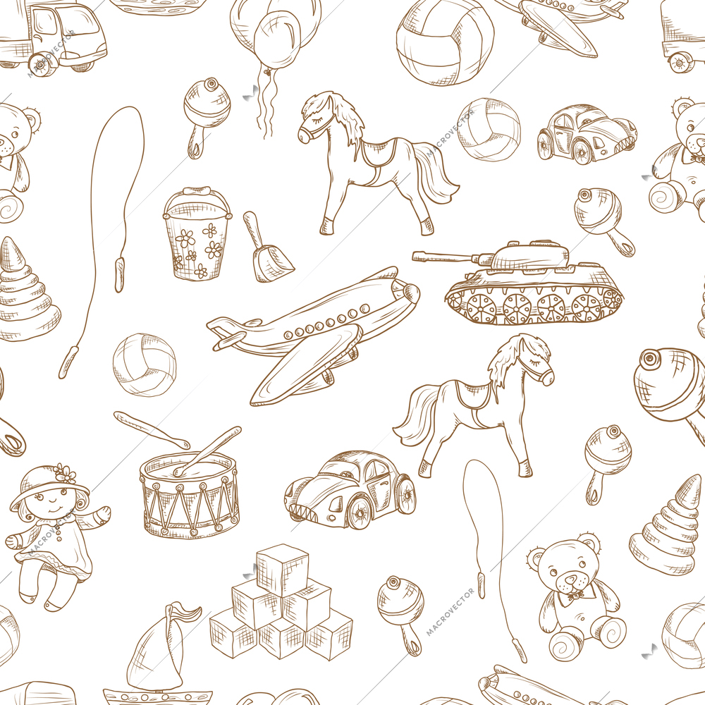 Vintage kids toys sketch seamless pattern with blocks balloon jumping rope vector illustration.