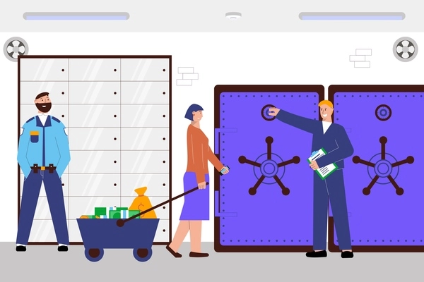 Deposit bank flat composition with three bank employees put money in a large safe vector illustration