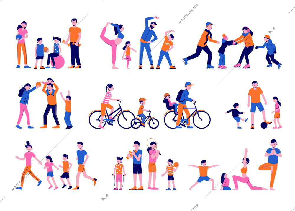 Family sport fitness icon set of flat isolated characters of parents doing sports with their children vector illustration