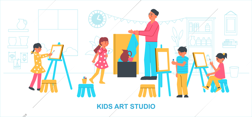 Artist creative studio kids composition with indoor scenery and children drawing paintings supervised by adult teacher vector illustration