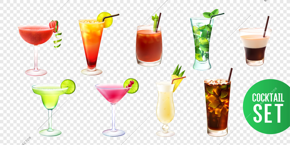 Realistic set with ten alcoholic cocktails in glasses of different shape isolated on transparent background vector illustration