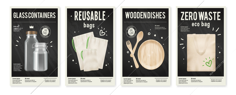 Realistic zero waste set of vertical posters with editable text and images of eco bags containers vector illustration
