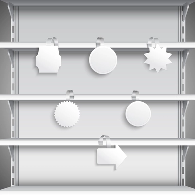 White advertising sale wobblers hanging on supermarket shelves vector illustration