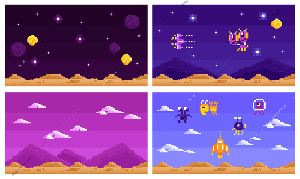 Arcade computer game set of four horizontal compositions with 8bit extraterrestrial landscapes for space combat game vector illustration