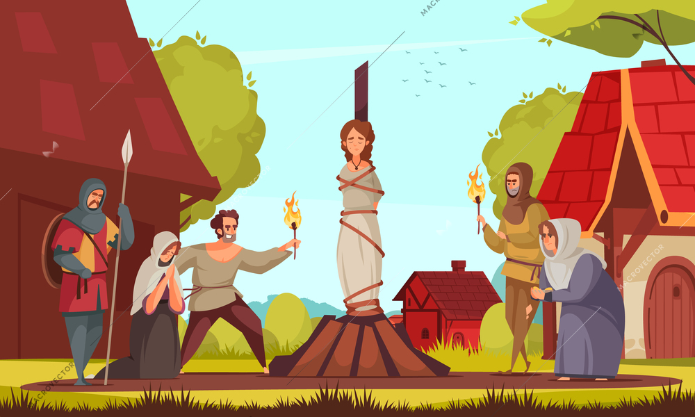 Medieval people witch composition woman tied to stake people came to the execution vector illustration