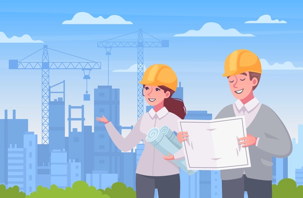 Architect cartoon style composition with cityscape tall buildings and human characters in hard hats with project vector illustration