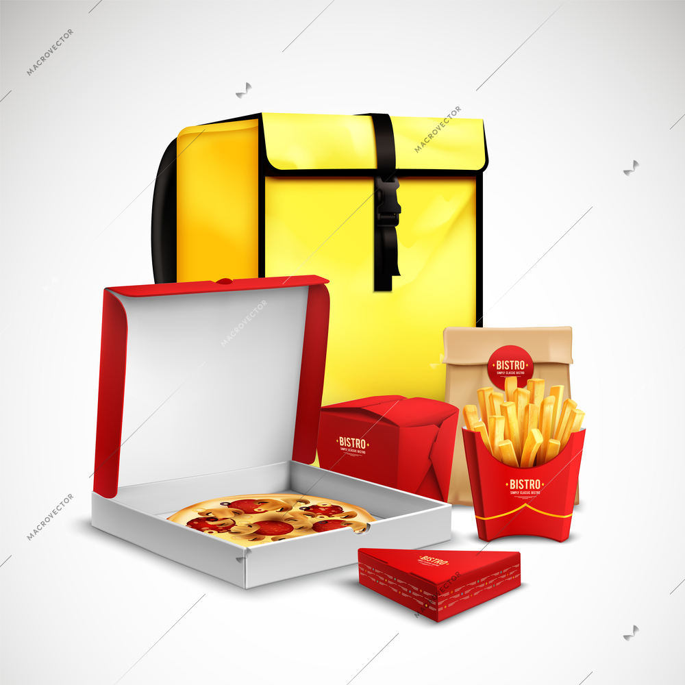 Yellow bag food delivery realistic composition with pizza in carton fried potato and bakery in branded packaging vector illustration