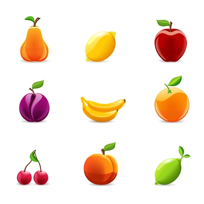 Glossy style set of pear lemon banana cherry fruit icons vector illustration