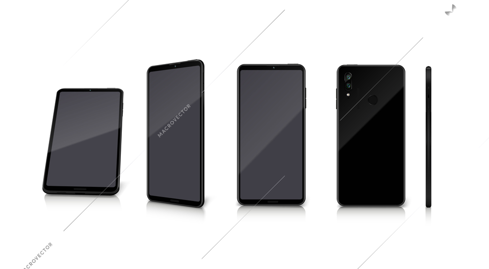 Realistic set of front back and side smartphone mockups on white background isolated vector illustration