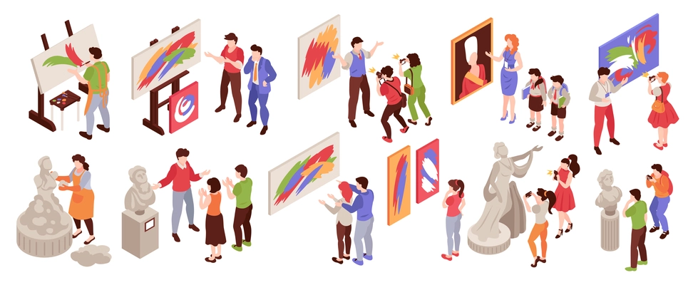 Isometric art gallery icon set with human characters of artists and exhibition visitors on blank background vector illustration