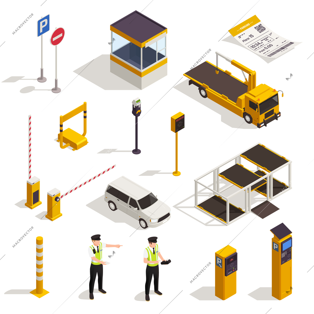 Parking isometric set with traffic signs meter  entrance ticket police officer tow truck evacuator booth vector illustration