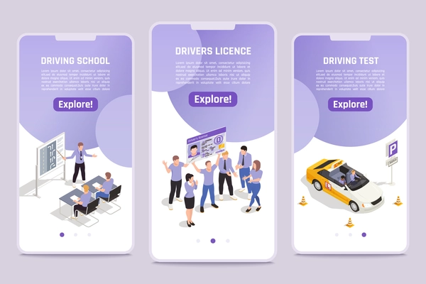 Car driving school simulator with personal instructor improving your skills app 3 isometric smartphone screens vector illustration