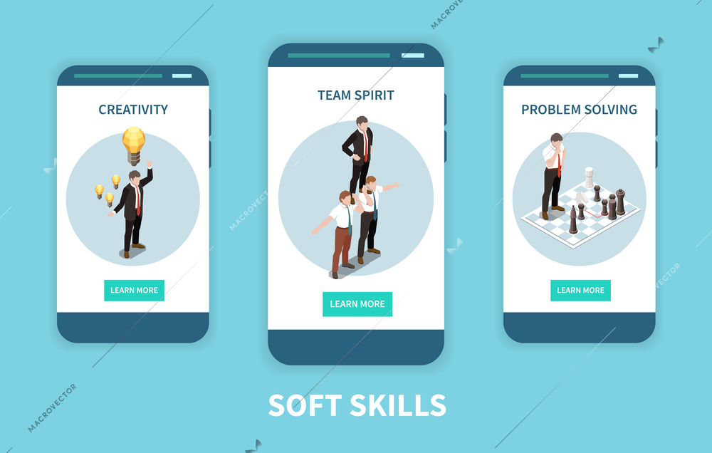 Three vertical soft skills isometric banner set with creativity team spirit and problem solving descriptions vector illustration