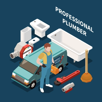 Plumber isometric colored concept plumber dressed in work clothes with  work tools and equipment vector illustration