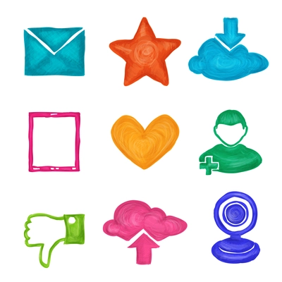 Social media website application elements painted icons set isolated vector illustration