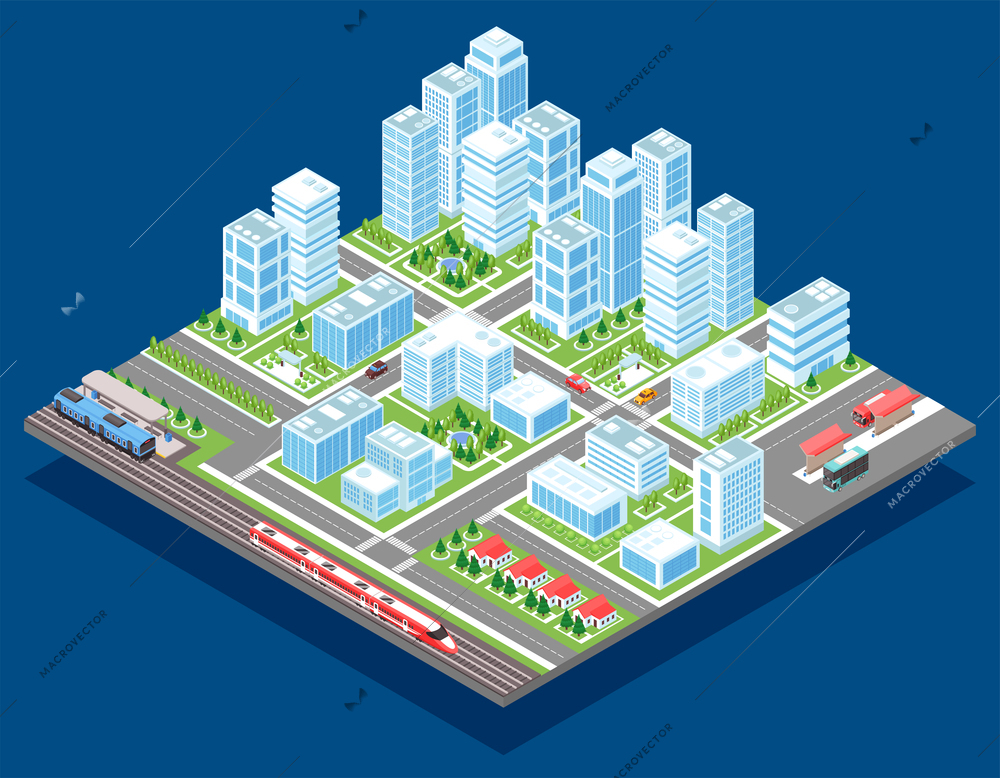 Isometric industrial city composition with image of city block with rail transport streets and glossy skyscrapers vector illustration