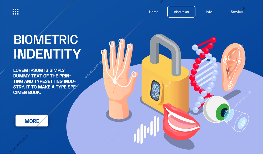 Biometric identity isometric concept with veins matching dna voice face fingerprint recognition 3d vector illustration