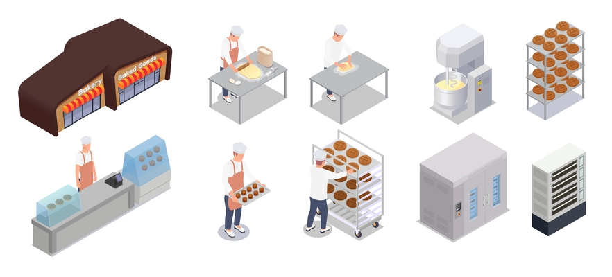 Isometric icons set with bakery equipment bakers shelves with baked bread isolated on white background 3d vector illustration