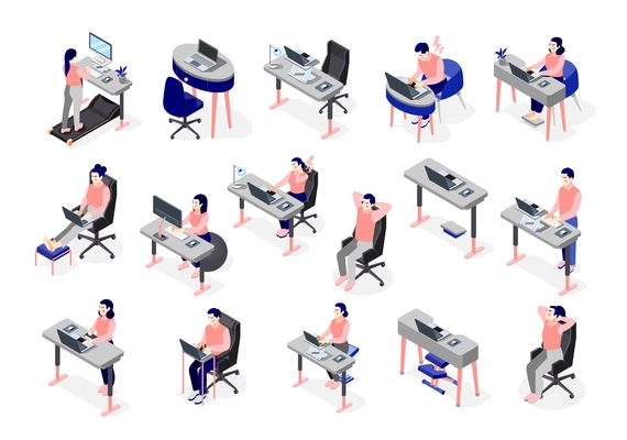 Ergonomic workplace isometric recolor set sitting and standing people working with computers and office equipment isolated vector illustration