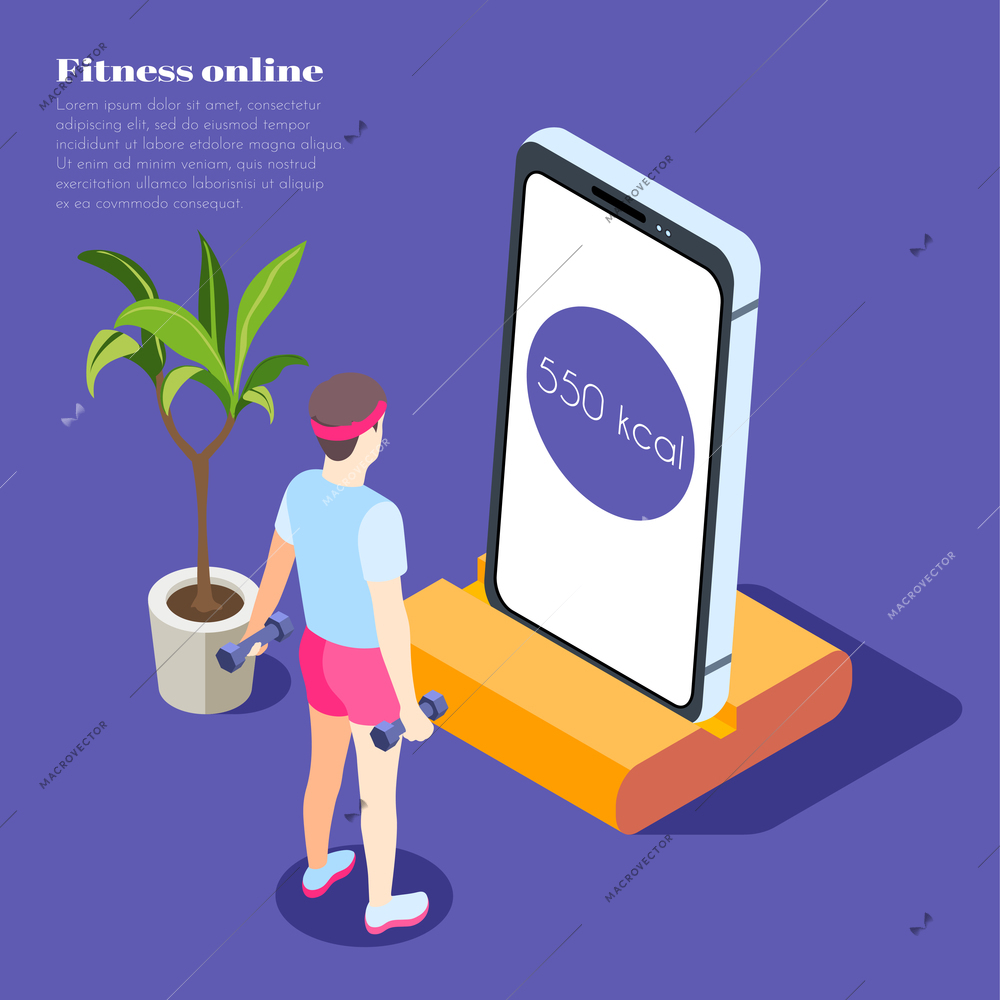 Fitness online isometric background with young man holding dumbbells and looking at smartphone screen with sport app vector illustration