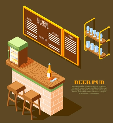 Beer pub interior elements isometric background with counter menu board cooler glass rack bottle opener vector illustration