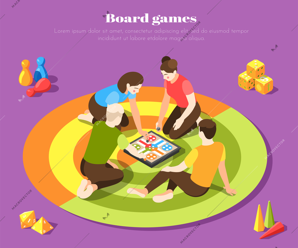 Young people playing together with board game colored background isometric vector illustration