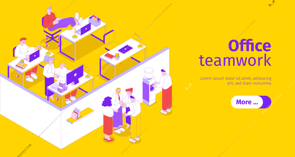 Business office people workplace horizontal isometric web banner with teamwork brainstorming coffee maker yellow background vector illustration