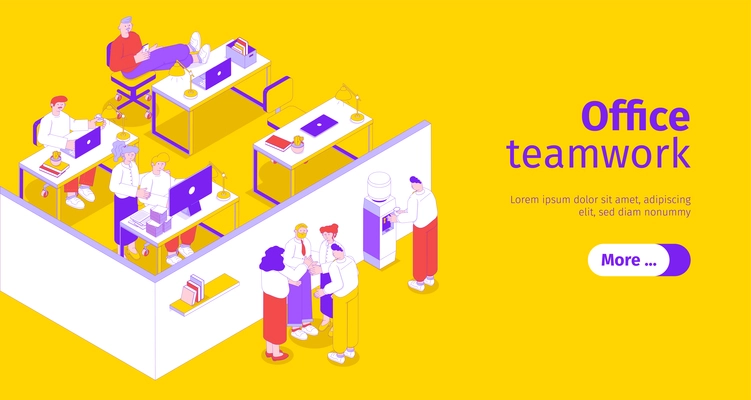 Business office people workplace horizontal isometric web banner with teamwork brainstorming coffee maker yellow background vector illustration