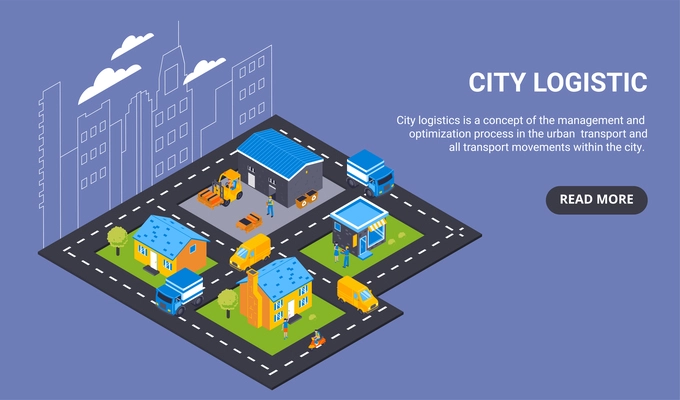 Isometric delivery concept horizontal banner with read more button text and view of city with transport vector illustration