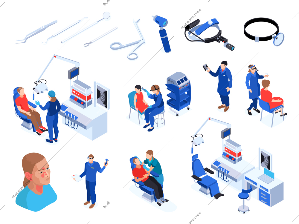 Isometric doctor ent specialist set of isolated icons human characters and images of medical appliances instruments vector illustration