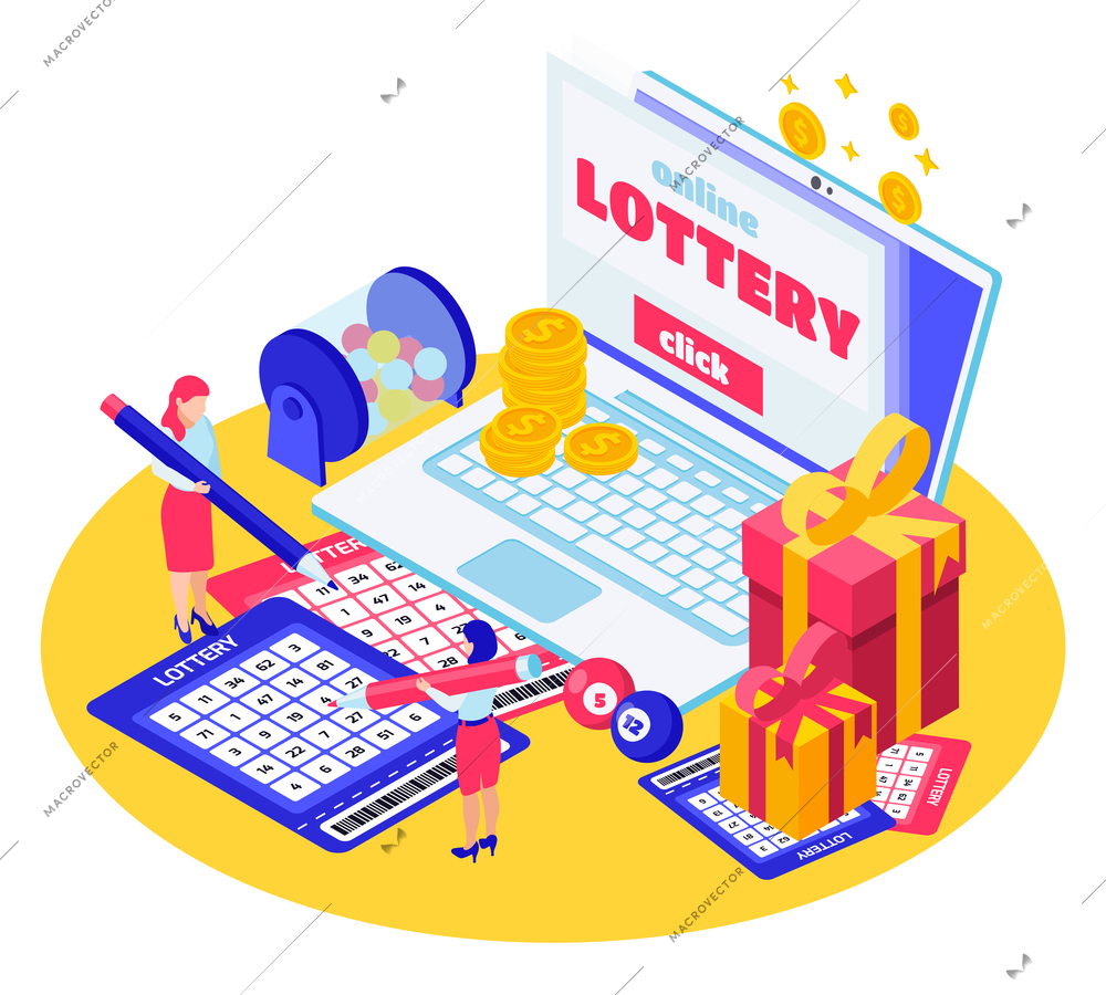 Online lottery isometric composition with laptop gift boxes lotto drum instant lottery cards vector illustration