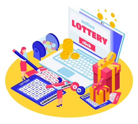 Online lottery isometric composition with laptop gift boxes lotto drum instant lottery cards vector illustration