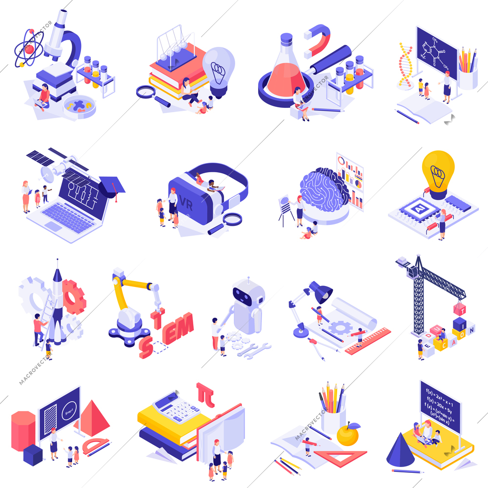 STEM education isolated icons set of science lab equipment robots mathematics figures isometric vector illustration